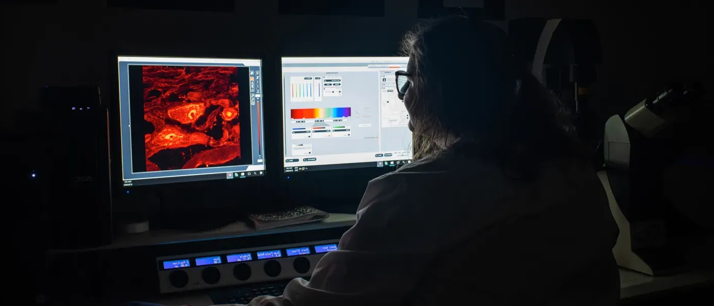 A student reviews enlarged images of bacteria on a computer